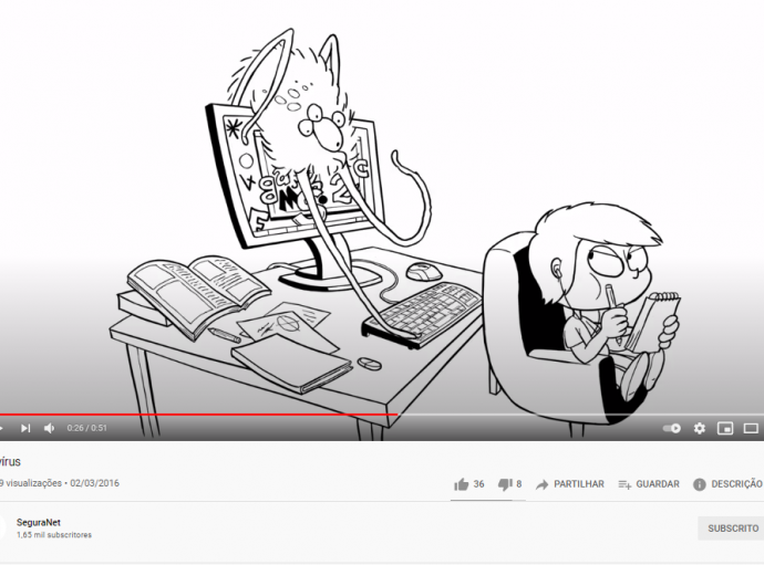 Animação a preto e branco de um jovem sentado na secretária e a sair um vírus do computador 