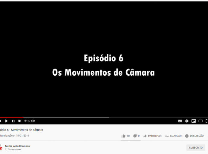 Tela preta, do canal youtube, com a identificação do título do vídeo, episódio 6 movimentos de câmara.
