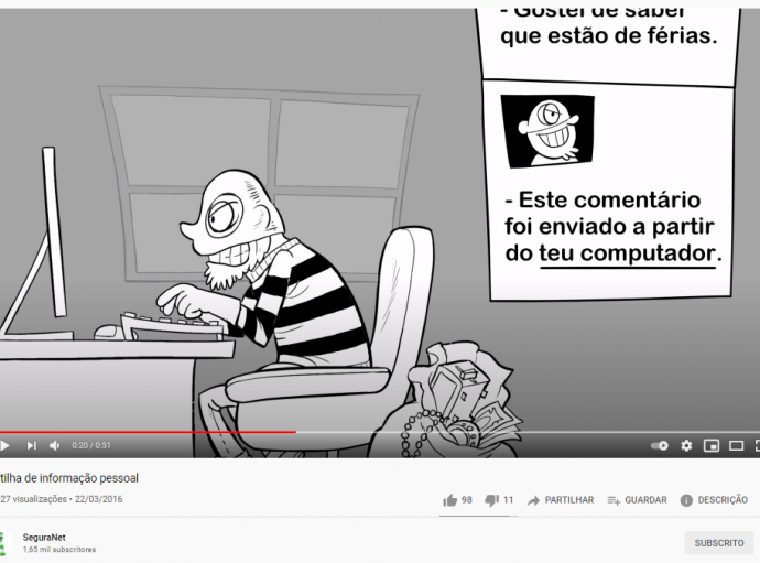 Cartoon a preto e branco de um homem com aspeto suspeito ao computador