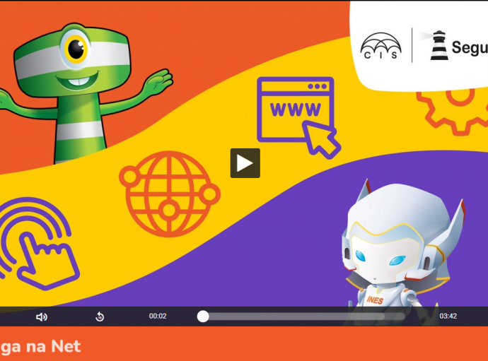 Imagem de um farol verde a rir-se e de um robô chamado Inês, com um fundo com ondas laranja, amarela e rocha e imagens sobre a internet